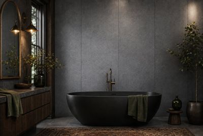 une baignoire au milieu d'une salle de bains, avec un tapis au sol