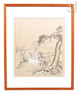 tableau représentant un cerf et un oiseau dans un paysage avec un pin au premier plan