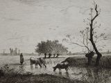 a drawing of a group of animals drinking water from a river