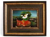 tableau représentant deux poires et une marguerite posées sur une table