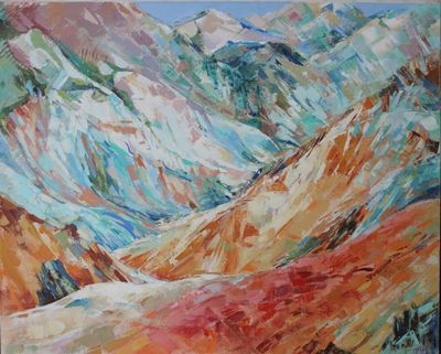 tableau représentant une chaîne de montagnes avec quelques sommets enneigés