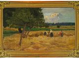 an oil painting of a group of people working in a field