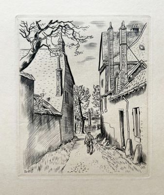 dessin représentant un homme promenant son chien dans une rue d'un village