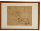drawing of a dog and a cat in a wood frame on a white background