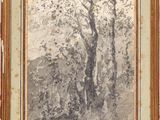 un tableau représentant un paysage boisé avec des arbres au premier plan