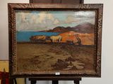 une peinture à l'huile représentant un tableau représentant un troupeau de moutons posé sur un chevalet