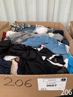 a cardboard box full of clothes that is sitting on the floor