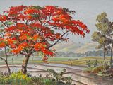 a painting of a red tree in the middle of a field