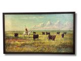 tableau représentant un homme à cheval avec du bétail dans un champ