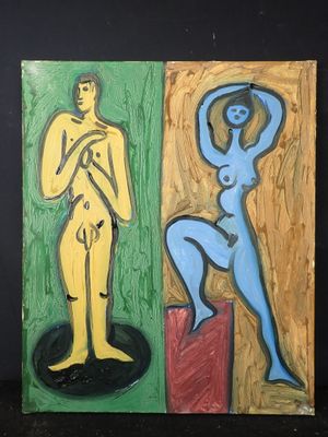 deux tableaux représentant un homme et une femme sur un fond noir
