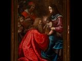 une peinture représentant une femme tenant un enfant sur ses genoux