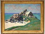 an image of a painting of a house on a rocky beach