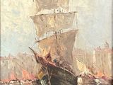 tableau représentant un bateau dans un port, avec une ville en arrière-plan