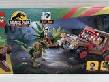 the box is open to show the contents of the lego jurassic jeep