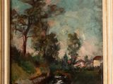 an oil painting of a stream running through a lush green field