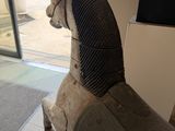 a statue of a horse that is standing in front of a glass door