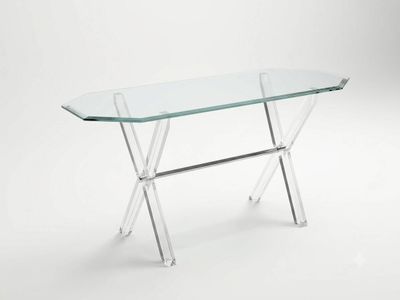 a clear glass table with a metal base and a clear glass top