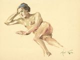painting of a nude woman sitting on the ground with her hand on her head