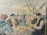 tableau représentant un groupe de personnes assises autour d'une table en train de manger