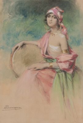 une image représentant un tableau d'une femme tenant un tambour à la main