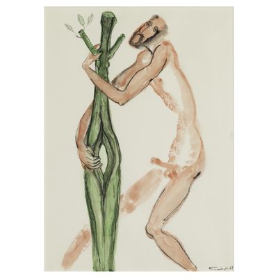 un dessin représentant une femme nue appuyée contre une grande plante
