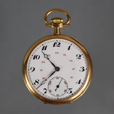 a close up of a gold pocket watch with numbers on it