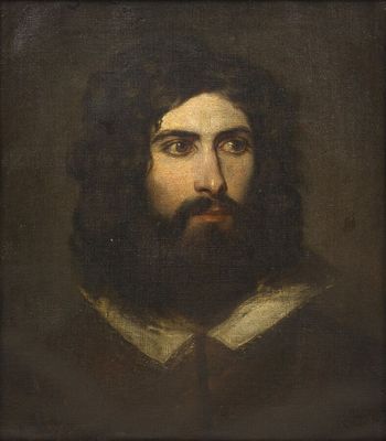 un tableau représentant un homme aux cheveux longs et à la barbe fournie
