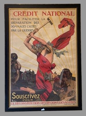 tableau représentant une femme en robe rouge tenant un marteau devant un groupe d'hommes