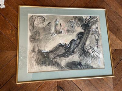 drawing of a man sitting in a chair on a wooden floor
