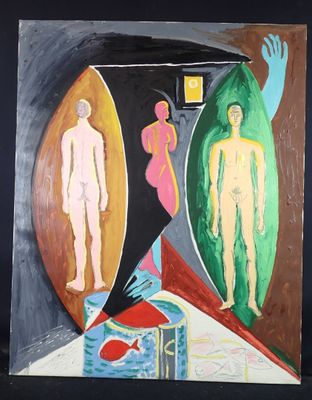 a painting of a man and a woman standing in front of a mirror