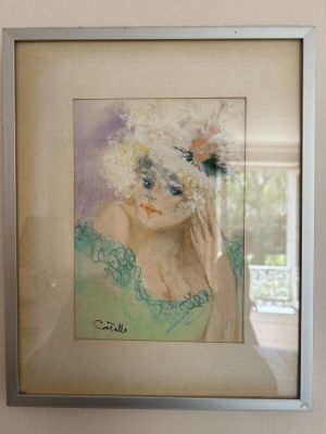 tableau représentant une femme en robe verte, avec une fleur dans les cheveux