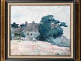 a painting of a landscape with a house in the background