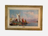 an oil painting of a sailboat on the water with a boat in the background