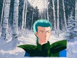 an image of a man with blue hair standing in the snow
