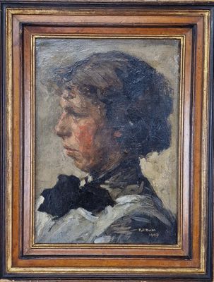 painting of a woman with a black bow tie in a wooden frame