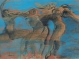 painting of three dancers in motion on a blue background