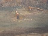 un tableau représentant une femme et deux vaches dans un champ