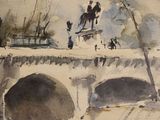 a watercolor painting of a bridge over a body of water