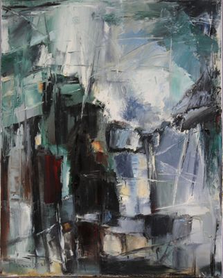une peinture à l'huile d'un paysage urbain avec des bâtiments à l'arrière-plan