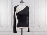 black one shoulder long sleeved top on a mannequin base
