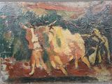 tableau représentant un homme menant une vache, avec un homme à vélo