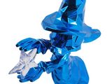 a blue glass figurine of a wizard holding a star