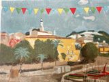 a picture of a painting of a town with boats on the water