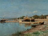 a painting of a boat on the shore of a lake