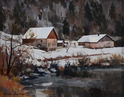 un tableau représentant un paysage enneigé avec une rivière au premier plan
