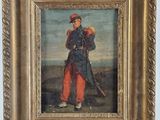 an old painting of a man in uniform holding a rifle