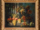 une peinture à l'huile représentant une nature morte avec des fruits sur une table