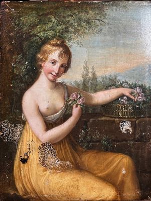 tableau représentant une femme en robe jaune tenant une cage à oiseaux
