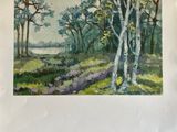 the cover of a book with a painting of trees and a river in the background