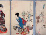 three paintings of women in kimono robes are displayed on a blue background